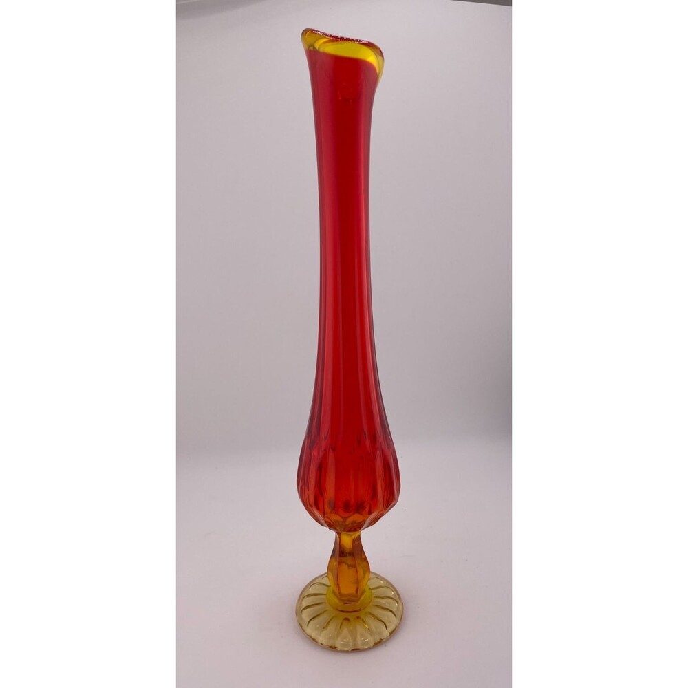 Swung Glass Vase Amberia Ribbed Orange Yellow 12" Tall Vintage Mid Century - Picture 3 of 6